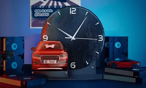 Decorative setup with black marble clock and red toy car, flanked by glowing tech towers and blue lighting